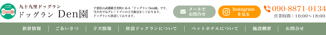 千葉県山武郡横芝光町にある「ドッグラン Den園」です。当犬舎ではグレートデンの子犬販売をしております。ドッグランも併設しております。